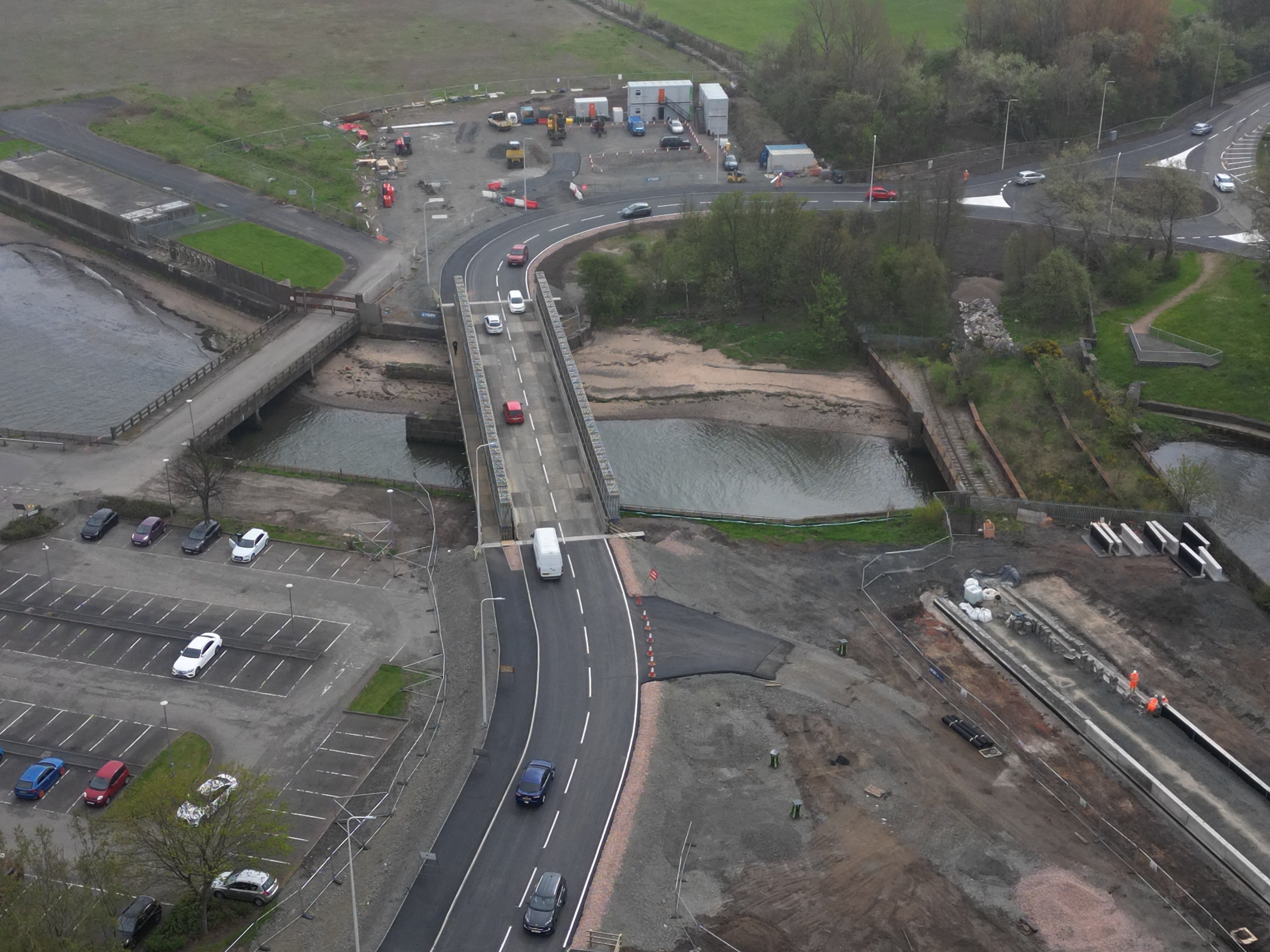 Traffic on newly opened temporary bridge in Leven